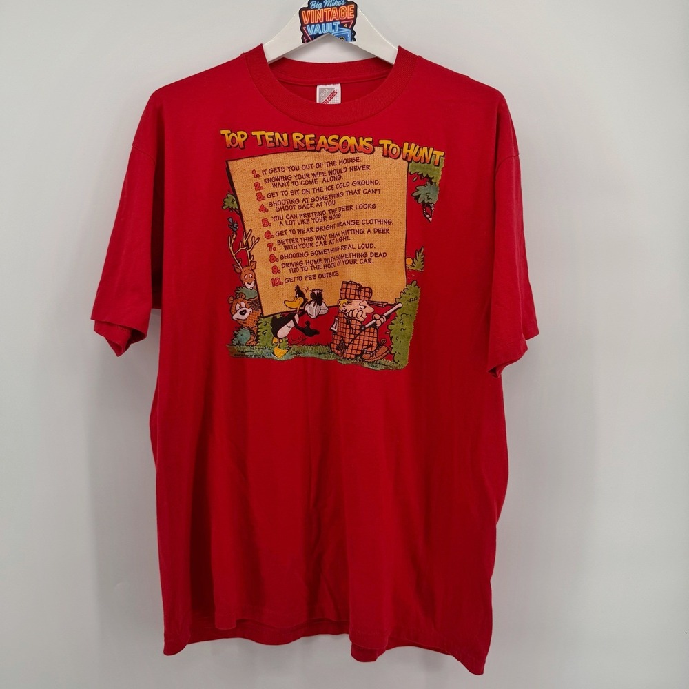 90s Cartoon Hunting Graphic Tee XL Red Vintage Single Stitch Made in USA Jerzees